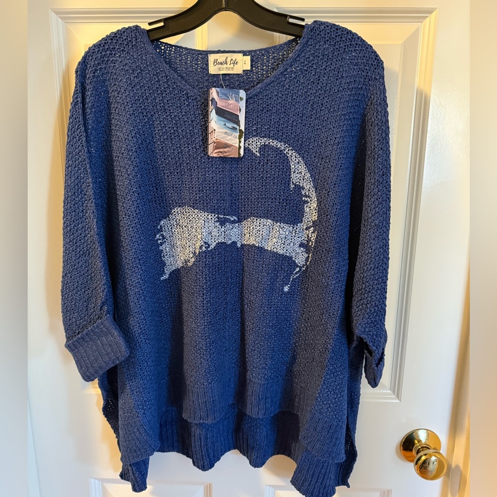 NWT "Beach Life" Cape Cod Map Blue Slouchy Knit Sweater, One Size S-L - Picture 11 of 13